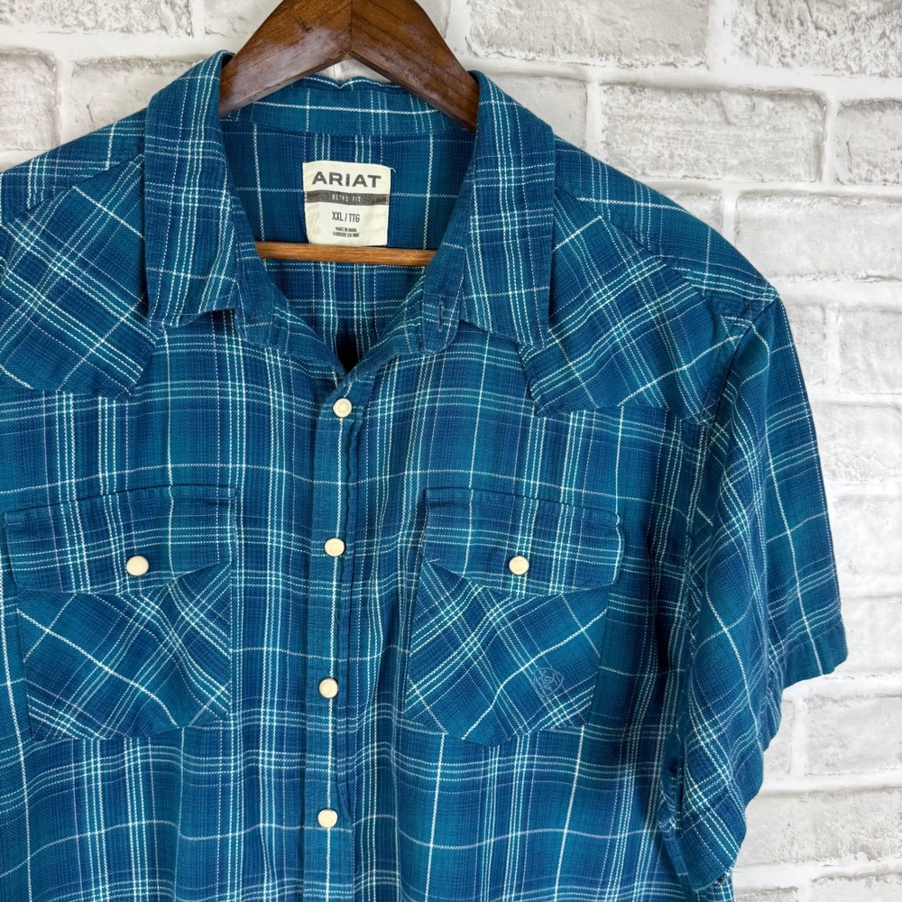 Ariat Retro Fit Western Shirt XXL Teal Blue Plaid Short Sleeve Cotton Button Dow